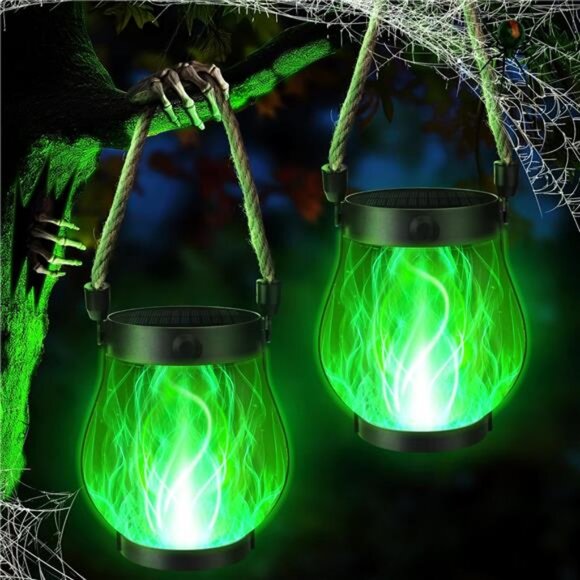 2 Pack Solar Lanterns Lights, Halloween Flickering Flame Garden Lights - Picture 1 of 8